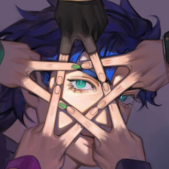 1girl 5boys aqua_eyes blue_hair close-up eyelashes fingerless_gloves giorno_giovanna gloves green_nails hashtag-only_commentary higashikata_josuke highres hou9 jojo_no_kimyou_na_bouken jonathan_joestar joseph_joestar joseph_joestar_(young) kuujou_jolyne kuujou_joutarou long_sleeves looking_at_viewer multiple_boys out_of_frame purple_background short_hair simple_background smile