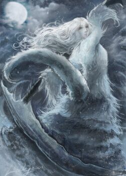 Rule 34 | 1girl, cloud, cloudy sky, dark souls (series), dark souls i, dragon girl, dress, full moon, green eyes, highres, holding, holding scythe, locky0001, long hair, looking back, monster girl, moon, priscilla the crossbreed, scythe, sky, solo, tail, white dress, white hair