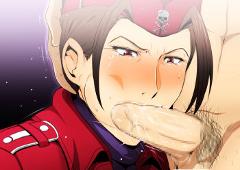 Rule 34 | 1boy, 1girl, blush, brown hair, capcom, censored, cheek bulge, clothed female nude male, cyberbots, fellatio, garrison cap, greco roman (spiral brain), hand on another's head, hat, hetero, mary miyabi, military hat, nude, oral, penis, pubic hair, red eyes, saliva, short hair, sweat, tears