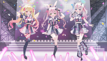 1girl 3girls absurdres blonde_hair blue_eyes blush boots bow breasts dress green_eyes hair_ornament heart highres idol indie_virtual_youtuber long_hair looking_at_viewer meibi_1 microphone mochizuki_nako multicolored_hair multiple_girls nanami_meari official_art open_mouth pink_hair puffy_sleeves smile stage thighhighs twintails virtual_youtuber yasou_toiki