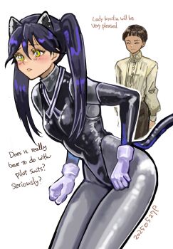 1boy 1girl animal_ears black_leotard character_request commentary_request english_text fake_animal_ears fake_tail gloves grey_pantyhose gundam gundam_gquuuuuux highres leotard mecha_pilot_suit nyaan_(gundam_gquuuuuux) okrdisk2000 pantyhose purple_gloves tail white_background