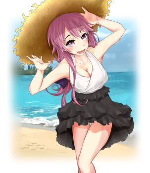 1girl arm_up bare_arms bare_shoulders beach black_skirt blue_sky blush breasts cleavage cloud cloudy_sky commentary_request day feet_out_of_frame frilled_skirt frills hand_up hat large_breasts leaning_forward long_hair looking_at_viewer meigo_arisa miniskirt ocean open_mouth outdoors partial_commentary pink_eyes pink_hair sand shin_(highest1192) sidelocks skirt sky smile solo standing straw_hat thighs toaru_majutsu_no_index toaru_majutsu_no_index:_endymion_no_kiseki water