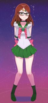 1girl absurdres back_bow bishoujo_senshi_sailor_moon black-framed_eyewear blush boots bow breasts brooch brown_hair choker circlet cleavage collarbone cosplay covered_navel freckles friend_e glasses gloves green_boots green_choker green_eyes heart heart_brooch highres indie_virtual_youtuber jewelry knees_together_feet_apart medium_hair migokami miniskirt motion_lines nervous pigeon-toed sailor_jupiter sailor_jupiter_(cosplay) sailor_senshi_uniform skirt solo star_(sky) starry_sky_background sweatdrop trembling wavy_mouth white_gloves