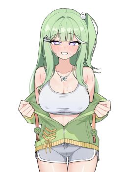 1girl absurdres armpit_crease bad_id bad_pixiv_id blush breasts butterfly_necklace clothes_pull commentary covered_erect_nipples cowboy_shot dolphin_shorts double-parted_bangs green_hair green_jacket grey_shorts grin hair_ornament hairclip highres jacket jacket_pull korean_commentary large_breasts long_hair maksagwa multicolored_hair one_side_up partially_unzipped pom_pom_(clothes) pom_pom_hair_ornament purple_eyes short_shorts shorts simple_background smile solo sports_bra standing stellive straight-on streaked_hair sweat thigh_gap variant_set virtual_youtuber white_background white_sports_bra yuzuha_riko