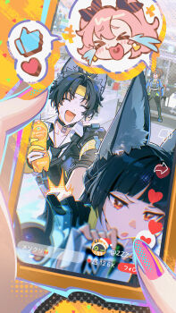 1boy 3girls absurdres animal_ear_fluff animal_ears aqua_jacket asaba_harumasa black_choker black_gloves black_hair black_necktie blue_jacket blunt_bangs bottle cellphone choker closed_mouth fox_ears fox_girl gloves headband high-waist_pants highres holding holding_bottle hoshimi_miyabi jacket laughing multicolored_hair multiple_girls necktie nicole_demara open_mouth pants phone pink_hair pink_nails police police_uniform policewoman red_eyes shirt smartphone spoken_character streaked_hair user_interface white_shirt yellow_background yellow_headband yurayura_(mdeh5447) zenless_zone_zero zhu_yuan