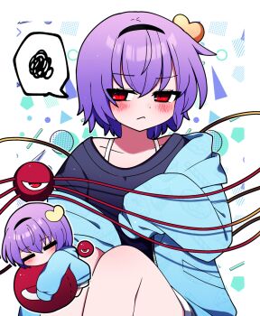 1girl absurdres black_shirt blush bra_strap chibi closed_mouth hairband highres komeiji_satori long_sleeves purple_hair red_eyes shirt short_hair sitting sleeves_past_fingers sleeves_past_wrists solo squiggle third_eye touhou you_(noanoamoemoe)