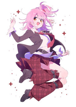 1girl belt belt_buckle black_belt black_jacket brown_shoes buckle collared_jacket collared_shirt commentary eyelashes eyes_visible_through_hair floating_clothes floating_hair full_body hair_ornament high_side_ponytail highres hinamori_amu jacket jumping lapels leg_belt leg_warmers light_blush loafers long_sleeves medium_hair miniskirt multiple_belts necktie notched_lapels open_clothes open_jacket open_mouth pink_hair plaid_clothes plaid_skirt pleated_skirt ponytail red_leg_warmers red_necktie red_skirt school_uniform seiyo_academy_school_uniform serizawa_serizane shirt shoes short_ponytail shugo_chara! signature simple_background skirt smile solo sparkle studded_belt symbol-only_commentary tareme twitter_username unmoving_pattern white_background white_shirt x_hair_ornament yellow_eyes