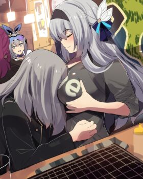 4girls :d absurdres black_hairband black_jacket black_shirt blush choker closed_eyes clothes_writing eyewear_on_head face_between_breasts firefly_(honkai:_star_rail) grey_eyes grey_hair hairband head_between_breasts highres hinghoi honkai:_star_rail honkai_(series) jacket kafka_(honkai:_star_rail) long_hair multiple_girls open_mouth purple_hair shirt silver_wolf_(honkai:_star_rail) smile stelle_(honkai:_star_rail) sunglasses trailblazer_(honkai:_star_rail) very_long_hair yuri