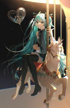 1girl aqua_eyes aqua_hair armpit_crease balloon bare_shoulders black_boots black_necktie black_ribbon black_skirt black_sleeves blunt_bangs boots breasts buttons carousel chromatic_aberration clenched_hand clenched_teeth collared_shirt commentary confetti confetti_balloon curtains dark_background detached_sleeves eyelashes fingernails floating_hair frilled_skirt frilled_sleeves frills fringe_trim full_body grey_shirt hair_over_shoulder hair_ribbon happy hatsune_miku heart_balloon highres holding holding_pole holding_string horseback_riding knees_together_feet_apart light_particles long_hair looking_at_viewer musical_staff necktie number_tattoo pleated_skirt pole ribbon riding saddle see-through_balloon shirt shoulder_tattoo sidelocks simple_background single_horizontal_stripe sitting skirt sleeveless sleeveless_shirt small_breasts smile solo stage_curtains straight_hair string striped_ribbon tareme tattoo teeth thigh_boots thighhighs tie_clip treble_clef twintails unicorn uryoko very_long_hair vocaloid wide_sleeves wing_collar zettai_ryouiki