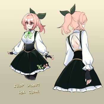 1girl black_corset black_gloves breasts brooch brown_eyes character_name closed_mouth collared_shirt commentary corset double-parted_bangs english_commentary fingerless_gloves gem gloves green_gemstone green_ribbon green_skirt hair_between_eyes hair_ribbon highres jewelry long_sleeves looking_ahead medium_breasts multiple_views original pink_hair ponytail ribbon ryuuxin shion_(ryuuxin) shirt short_hair sidelocks simple_background skirt smile white_shirt yellow_background