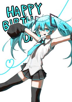 1girl a_(mitei7926) aqua_eyes aqua_hair black_skirt collared_shirt detached_sleeves flat_chest happy_birthday hatsune_miku heart highres long_hair looking_at_viewer miniskirt necktie open_mouth outstretched_arms shirt simple_background skirt sleeveless sleeveless_shirt sleeves_past_fingers sleeves_past_wrists smile solo spread_arms standing twintails vocaloid white_background white_shirt