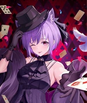1girl ;p absurdres animal_ear_fluff animal_ears argyle_background arknights ascot bang_dream! bang_dream!_it&#039;s_mygo!!!!! bare_shoulders bird black_ascot black_gloves black_hat breasts card cat_ears cat_girl chinese_commentary closed_mouth commentary_request confetti dove feather_boa floating_card gloves hand_on_headwear hand_up hat heart highres kemonomimi_mode large_breasts lipstick_mark looking_at_viewer magician one_eye_closed playing_card purple_eyes purple_hair short_hair smile solo tongue tongue_out upper_body xiongji_z_z yuutenji_nyamu yuutenji_nyamu_(magician_of_passion)