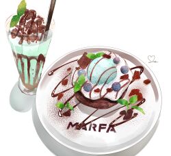 Rule 34 | blueberry, chocolate, chocolate syrup, commentary request, dessert, food, food focus, fruit, highres, ice cream, mint, mint chocolate, mirin ko, no humans, original, plate, signature, simple background, wafer, white background