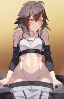 1girl abs absurdres ahoge arknights arm_warmers bare_hips bench bird_girl black_arm_warmers black_bra black_leggings black_shorts black_sports_bra blush bra breasts brown_hair cleavage closed_mouth clothes_pull collarbone commission commissioner_upload compression_sleeve feather_hair groin hair_between_eyes highres leggings leggings_under_shorts looking_at_viewer medium_breasts medium_hair midriff multicolored_hair multicolored_sports_bra navel no_panties on_bench plume_(arknights) plume_(easy_time)_(arknights) sasa_onigiri shorts shorts_pull sidelocks simple_background sitting skeb_commission solo sports_bra sportswear sweat sweatdrop teasing toned two-tone_hair two-tone_shorts two-tone_sports_bra underwear white_bra white_hair white_shorts white_sports_bra workout_clothes yellow_eyes