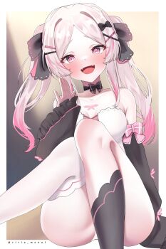 1girl asymmetrical_legwear bare_shoulders black_choker blush border breasts character_request choker colored_tips commentary commission detached_sleeves grey_hair hair_ornament hand_up hashtag-only_commentary highres ibispaint_(medium) indie_virtual_youtuber knees_up legs long_hair looking_at_viewer medium_breasts mismatched_legwear multicolored_hair open_mouth outside_border parted_bangs pink_eyes riria_mona1 seiza shirt single_thighhigh sitting smile solo thighhighs twintails virtual_youtuber white_border white_shirt white_thighhighs x_hair_ornament