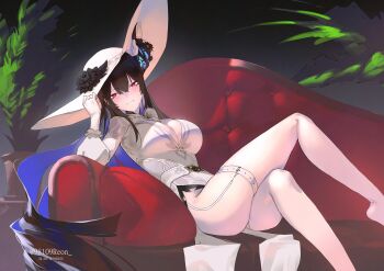 1girl adjusting_clothes adjusting_headwear alternate_costume asymmetrical_horns belt black_hair blue_hair bow bowtie breasts chaise_longue cleavage colored_inner_hair commentary constance_(honkai:_star_rail) constance_(honkai:_star_rail)_(cosplay) cosplay couch crossed_legs double-parted_bangs dress feet_out_of_frame hat highres hololive hololive_english honkai:_star_rail honkai_(series) horns large_breasts long_dress long_sleeves looking_at_viewer mole mole_under_eye multicolored_hair nerissa_ravencroft on_couch pelvic_curtain picture_hat plant potted_plant puffy_long_sleeves puffy_sleeves reclining red_eyes reon_(98109reon) smile solo teeth thigh_belt thigh_strap three-quarter_sleeves twitter_username uneven_horns virtual_youtuber white_bow white_bowtie white_dress white_hat