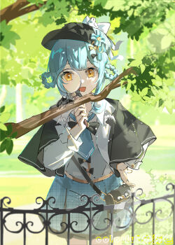 1girl absurdres black_bag black_bow black_capelet black_hat blue_hair blue_necktie blue_skirt blunt_bangs bow braid braided_hair_rings bug capelet collared_shirt cowboy_shot day deerstalker fence grass grey_vest hair_rings hat highres holding holding_magnifying_glass lens_flare long_sleeves looking_at_viewer magnifying_glass mahou_shoujo_no_majo_saiban miniskirt necktie open_mouth outdoors pleated_skirt rhinoceros_beetle shirt short_hair skirt smile solo standing tachibana_sherry tree vest white_shirt yellow_eyes yeshenrenjing_miao_shifu