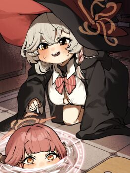 2girls absurdres aru_(blue_archive) black_jacket blue_archive bow bowtie braid breasts button_gap chalk chroong cleavage crossed_bangs demon_horns eri_(blue_archive) floor hair_between_eyes halo hat hat_ribbon highres holding holding_chalk hood hood_down hooded_jacket horns jacket kneeling multiple_girls neck_ribbon nervous_sweating open_clothes open_jacket open_mouth orange_halo pink_hair red_bow red_bowtie red_ribbon ribbon school_uniform shirt side_braid single_braid sleeves_past_wrists summoning sweat white_hair white_shirt witch_hat yellow_eyes