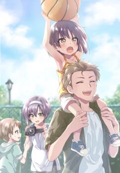 2boys 2girls :d ^_^ aged_up armpits arms_up backlighting ball bare_arms bare_shoulders basketball_(object) blue_sky blurry blurry_background blush brown_hair camera camisole carrying child closed_eyes collarbone commentary_request commission couple day dress ef_(visual_novel) eyes_visible_through_hair family family_bonding father_and_daughter father_and_son full_body hair_between_eyes hair_slicked_back hairband hands_up hetero highres holding holding_ball holding_camera if_they_mated kuroi_mimei mother_and_daughter mother_and_son multiple_boys multiple_girls open_mouth outdoors pregnant profile purple_hair shindou_kei_(ef) shirt short_hair shorts shoulder_carry skeb_commission sky sleeveless sleeveless_dress smile spiked_hair sweat sweatdrop teeth tsutsumi_kyousuke upper_body upper_teeth_only v-shaped_eyebrows wavy_mouth white_dress white_hairband white_shirt white_shorts yellow_camisole yellow_eyes
