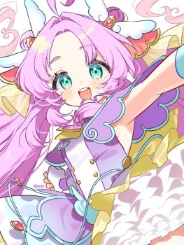 1girl :d ahoge akechi_anna blush commentary_request cure_answer dot_nose dress green_eyes highres long_hair looking_at_viewer meitantei_precure! mokano_n open_mouth outstretched_arm parted_bangs pink_hair precure purple_dress short_sleeves signature smile solo upper_body