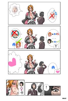 absurdres bleach blonde_hair breasts comic comic_strip hair_over_one_eye heart highres kojima_mizuiro large_breasts matsumoto_rangiku maxi robe school_uniform size_difference speech_bubble tagme undressing