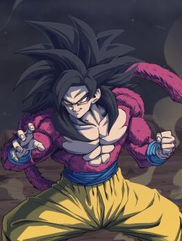 1boy black_hair blue_sash body_fur commentary_request cowboy_shot dragon_ball dragon_ball_gt fighting_stance highres horang4628 korean_commentary long_hair male_focus muscular muscular_male pants red_fur red_tail sash smirk solo son_goku spiked_hair standing super_saiyan super_saiyan_4 yellow_eyes yellow_pants