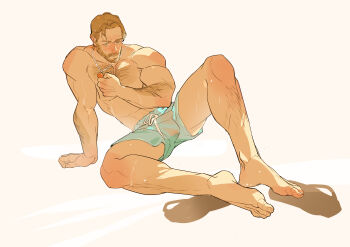 Rule 34 | 1boy, abs, absurdres, arm hair, arthur morgan, bara, beard, blonde hair, blue eyes, bulge, chest hair, facial hair, full body, green male swimwear, hairy, henrryxv, highres, large pectorals, leg hair, lifeguard, male focus, male swimwear, mature male, muscular, muscular male, nipples, pectorals, red dead redemption (series), red dead redemption 2, short hair, sideburns, sitting, solo, stomach, swim trunks, thick thighs, thighs, toenails, toes, topless male