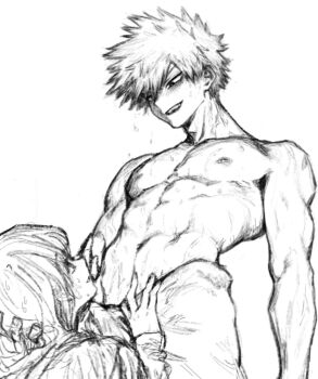 1boy 1girl bakugou_katsuki boku_no_hero_academia gemg hetero holding_another&#039;s_hair imminent_fellatio nipples short_hair smile spiked_hair toned toned_male topless_male white_background