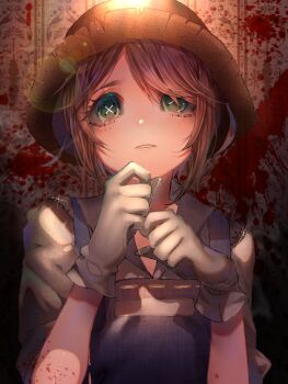 1girl blood blood_on_wall blue_overalls brown_hair button_eyes buttons cross-shaped_pupils emma_woods eyelashes gloves green_eyes hat heikokuru1224 identity_v looking_at_viewer overalls parted_lips straw_hat symbol-shaped_pupils white_gloves