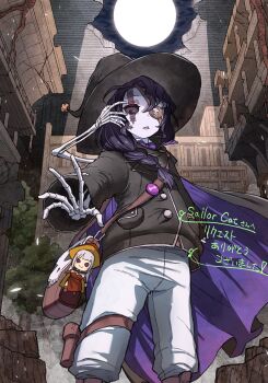 absurdres black_hair black_jacket bone bow bowtie braid cartoon_bone colored_skin commission commissioner_upload eyepatch flat_chest grey_hair grey_skin hair_over_one_eye hat highres jacket long_sleeves monster_girl necromancer non-web_source original pants pointy_ears puffy_long_sleeves puffy_sleeves purple_bow purple_bowtie single_braid skeb_commission skeletal_arm skeletal_hand stitched_face stitches undead valkrana white_pants witch_hat wizard yurai0739