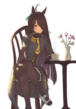1girl absurdres ahoge animal_ears black_coat black_gloves black_hair black_pantyhose black_shirt black_skirt blush chair closed_mouth coat collared_shirt commentary crossed_legs cup ear_tag earrings english_commentary flower gloves gozo_art hair_between_eyes head_rest highres horse_ears horse_girl jewelry long_bangs long_hair long_hair_between_eyes long_sleeves looking_at_viewer manhattan_cafe_(creeping_shadow)_(umamusume) manhattan_cafe_(umamusume) multicolored_hair necktie on_chair pantyhose saucer shirt simple_background single_earring sitting skirt smile solo steaming_cup umamusume vase very_long_hair white_background white_hair yellow_eyes yellow_necktie