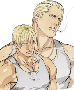 1boy blonde_eyebrows blonde_hair blue_eyes chain cigarette dog_tags grey_shirt highres jack_krauser large_pectorals male_focus multiple_scars muscular muscular_male pectorals scar shirt short_hair smoking tank_top tatsumi_(psmhbpiuczn)