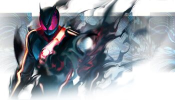 1boy absurdres armor belt bodysuit compound_eyes glowing glowing_eyes green_armor helmet highres jiuri_jiuhao kamen_rider kamen_rider_zeztz kamen_rider_zeztz_(series) male_focus red_eyes rider_belt solo zeztz_driver