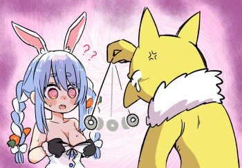 1girl @_@ anger_vein animal_ear_fluff animal_ears black_gloves blue_hair braid breasts carrot_hair_ornament coin coin_on_string colored_skin food-themed_hair_ornament fushicho gen_1_pokemon gloves hair_ornament highres holding holding_pendulum holding_string holed_coin hololive hypno hypnosis long_hair medium_breasts mind_control multicolored_hair nintendo open_mouth pendulum pokemon pokemon_(creature) pulling_own_clothes rabbit_ears rabbit_girl string sweat tears thick_eyebrows twin_braids twintails two-tone_hair usada_pekora usada_pekora_(1st_costume) virtual_youtuber white_hair yellow_skin