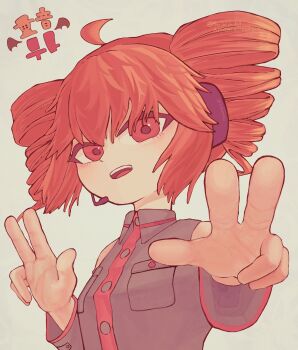 1girl ahoge breast_pocket buttons commentary_request detached_sleeves double_w drill_hair grey_shirt hands_up headset highres kakureonu kasane_teto kasane_teto_(utau) long_sleeves looking_at_viewer making-of_available open_mouth pocket red_eyes red_hair shirt simple_background sleeveless sleeveless_shirt solo twin_drills upper_body utau w