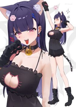 1girl absurdres akuma_nihmune akuma_nihmune_(nyami) animal_ears animal_hands arm_up armpits black_collar black_negligee black_nightgown breasts cat_cutout cat_ears cat_lingerie cat_tail cleavage cleavage_cutout closed_eyes clothing_cutout collar d4kou16 facial_mark frilled_nightgown gloves hair_ornament heart heart_facial_mark highres indie_virtual_youtuber large_breasts lingerie long_hair mole mole_under_eye multiple_views navel negligee nightgown open_mouth paw_gloves paw_hair_ornament pink_eyes purple_hair standing stretching tail tongue tongue_out underwear virtual_youtuber white_background