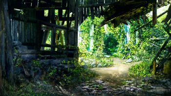 commentary day grass highres no_humans original overgrown path plant road ruins scenery vines zaq_(pgvc4472)