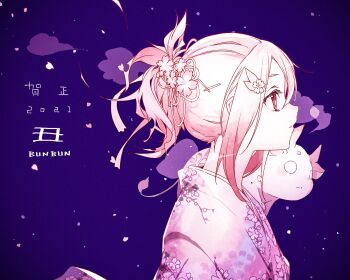 Rule 34 | 1girl, 2021, alternate hairstyle, bunbun, commentary request, creature on head, floral print, flower, from side, gyuuki (yuyuyu), hair flower, hair ornament, highres, japanese clothes, kimono, petals, ponytail, signature, solo, upper body, yukata, yuuki yuuna, yuuki yuuna wa yuusha de aru, yuusha de aru