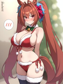 1girl absurdres alternate_costume animal_ears arms_behind_back bikini black_thighhighs breasts christmas commentary_request daiwa_scarlet_(umamusume) hanafuda_(hanafuda0116) highres horse_ears horse_girl horse_tail large_breasts long_hair looking_at_viewer navel pink_eyes red_bikini red_hair santa_bikini santa_costume side-tie_bikini_bottom solo spoken_blush standing swimsuit tail thighhighs twintails twitter_username umamusume very_long_hair
