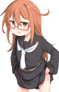 1girl black_sailor_collar black_serafuku black_shirt black_skirt brown_eyes brown_hair commentary_request glasses kantai_collection long_hair looking_at_viewer mochizuki_(kancolle) neckerchief okitarou_(okiyo) red-framed_eyewear sailor_collar sailor_shirt school_uniform serafuku shirt simple_background skirt skirt_hold solo white_background white_neckerchief