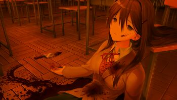 1girl arms_at_sides bags_under_eyes blazer blood blood_on_body blood_on_clothes blood_on_face blood_on_ground blood_on_hands blood_splatter blood_stain blood_trail bloody_knife blue_skirt breasts brown_jacket brown_sweater_vest button_gap buttons chair classroom collared_shirt corpse dark death decay desk doki_doki_literature_club doki_doki_literature_club_school_uniform dot_nose double-parted_bangs dress_shirt dried_blood empty_eyes eyebrows_hidden_by_hair fallen_down fingernails game_cg grey_jacket hair_between_eyes hair_intakes hair_ornament hairclip half-closed_eyes highres horror_(theme) impossible_clothes indoors injury jacket knife large_breasts leaning_back leaning_on_object light_smile long_eyelashes long_hair long_sidelocks long_sleeves neck_ribbon non-web_source official_art on_floor open_hands pale_skin parted_lips pleated_skirt pool_of_blood purple_eyes purple_hair raised_inner_eyebrows red_ribbon ribbon satchely school school_desk school_uniform self-harm shirt sidelocks sitting skirt smile solo spoilers stab suicide sunlight sunset sweater_vest teeth thick_eyelashes upper_body variant_set very_long_hair wing_collar wooden_chair wooden_desk wooden_floor yuri_(doki_doki_literature_club)