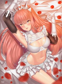 1girl absurdres arm_up armpits artist_name bed_sheet black_gloves blush breasts commentary crop_top elbow_gloves english_commentary falling_petals fate/grand_order fate_(series) gloves highres huusri layered_gloves light_smile long_hair looking_at_viewer lying medb_(fate) medb_(third_ascension)_(fate) medium_breasts miniskirt navel on_back on_bed orange_eyes parted_lips petals pink_hair signature skirt solo stomach tiara white_gloves white_skirt