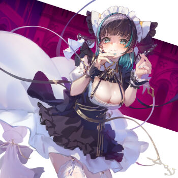 1girl absurdres animal_band animal_ears apron aqua_eyes azur_lane black_hair blue_eyes blush breasts cheshire_(azur_lane) cleavage commentary detached_sleeves dress fake_animal_ears finger_heart frilled_hairband frilled_ribbon frills garter_straps hairband highres large_breasts long_ribbon looking_at_viewer maid_headdress multicolored_hair purple_apron ribbon simple_background smile solo streaked_hair thighhighs white_background white_garter_straps white_thighhighs wrist_cuffs yu_hydra