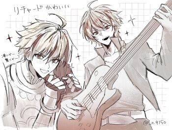 Rule 34 | 1boy, ahoge, armor, belt, blonde hair, braid, breastplate, cape, collarbone, commentary request, fate/strange fake, fate (series), gauntlets, grid background, guitar, highres, holding, holding guitar, holding instrument, instrument, looking at viewer, male focus, multicolored hair, multiple views, n915o, pants, pauldrons, red eyes, red hair, richard i (fate), round teeth, shirt, shirt tucked in, shoulder armor, side cape, smile, sparkle, streaked hair, teeth, twitter username, upper teeth only