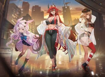 3girls :d alice_(nikke) animal_hood antenna_hair arm_up ass bag bare_shoulders belt beret black_belt black_pants black_shoes black_shorts black_socks black_tank_top bodystocking breasts brown_hair capri_pants choker city cleavage closed_mouth collarbone commentary copyright_name crop_top crossed_bangs english_commentary fishnet_bodystocking fishnets flip-flops full_body goddess_of_victory:_nikke hair_between_eyes hair_flaps hair_intakes hair_ornament hand_on_own_hip hat highleg highleg_panties highres hood horns kneehighs large_breasts long_hair looking_at_viewer mechanical_horns mixed-language_commentary multiple_girls navel off_shoulder official_alternate_costume official_art open_mouth outdoors panties pants pink_hair pleated_skirt rabbit_hood rain raincoat rapi_(nikke) red_eyes red_hair red_hood_(nikke) red_thighhighs sandals see-through_clothes shoes short_shorts shorts sidelocks single_thighhigh skirt smile socks standing standing_on_one_leg sunset tank_top teddypocky thighhighs underwear white_hair yellow_eyes