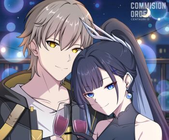 1boy 1girl alternate_costume bare_shoulders black_hair blue_eyes caelus_(honkai:_star_rail) centauri-d commentary cup drinking_glass earrings english_commentary grey_hair hair_ornament highres holding holding_cup honkai:_star_rail honkai_(series) hysilens_(honkai:_star_rail) jewelry long_hair looking_at_viewer multicolored_hair pearl_earrings shell shell_hair_ornament short_hair smile trailblazer_(honkai:_star_rail) two-tone_hair wine_glass yellow_eyes