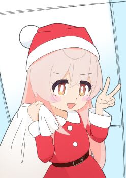 1girl absurdres agentihd belt blush blush_stickers christmas commentary english_commentary genderswap hair_over_eyes hat highres holding holding_sack long_hair onii-chan_wa_oshimai! oyama_mahiro pink_hair pom_pom_(clothes) sack santa_costume santa_hat solo triangle_mouth v
