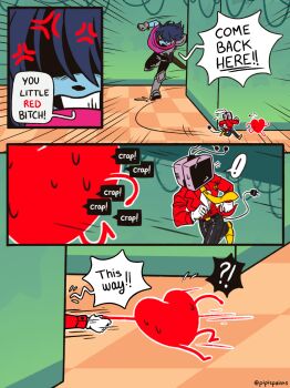 ! 1boy 1other absurdres anger_vein ant_tenna armor belt belt_buckle black_belt black_pants blue_hair blue_skin buckle checkered_floor clenched_teeth colored_skin commentary crt deltarune electric_plug electric_plug_tail emphasis_lines english_commentary english_text gloves grabbing_another's_hand grey_gloves highres indoors kris_(dark_world)_(deltarune) kris_(deltarune) mini_person miniboy necktie object_head pants partially_shaded_face pipispaints profanity pulling radio_antenna red_eyes running shoes short_hair shouting size_difference soul_(deltarune) spoken_exclamation_mark sweat tail tailcoat teeth twitter_username two-tone_cape utdr_(toby_fox) yellow_necktie yellow_shoes