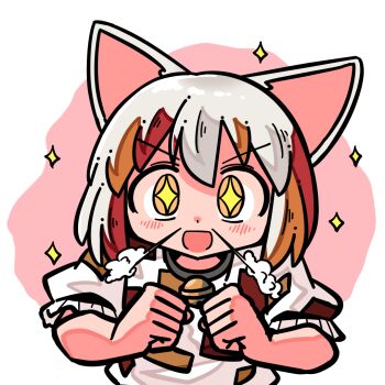 +_+ 1girl :d animal_ears bell black_choker blush cat_ears cat_girl choker commentary_request goutokuji_mike jingle_bell kasuya_baian looking_at_viewer multicolored_hair neck_bell open_mouth orange_streaks patchwork_clothes pink_background puffy_short_sleeves puffy_sleeves red_streaks shirt short_hair short_sleeves smile solo sparkle steam_from_nose streaked_hair touhou upper_body white_background white_shirt yellow_eyes