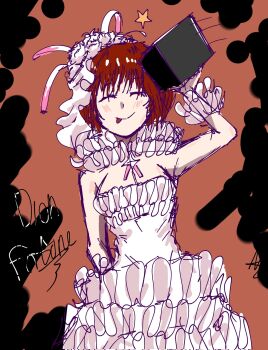 1girl :p armpits bloomers blush bob_cut box breasts character_name cleavage closed_eyes commentary_request detached_collar dion_fortune dress flower frilled_cuffs frilled_dress frills hair_flower hair_ornament hand_up highres holding holding_box magizhan medium_breasts red_hair short_dress short_hair sleeveless sleeveless_dress solo star_(symbol) toaru_majutsu_no_index tongue tongue_out underwear upper_body veil white_dress white_veil